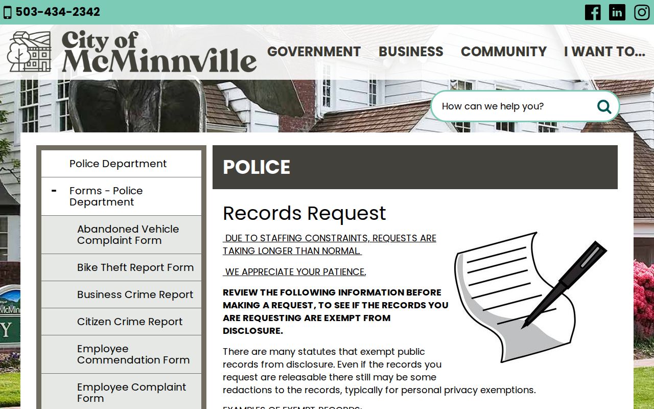 McMinnville criminal records request page for police reports