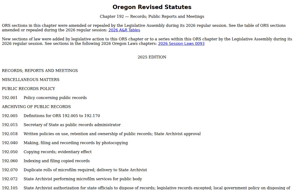 Oregon Public Records Law official statute page