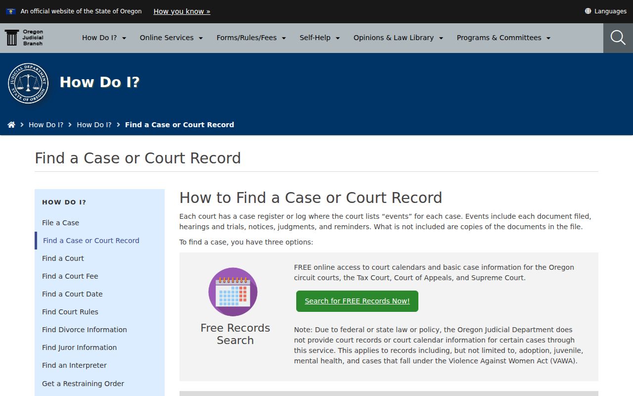 Oregon Judicial Department court record search options for Yamhill County
