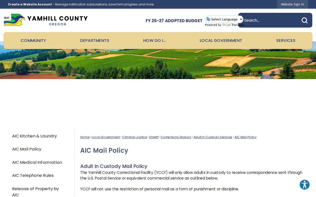 Yamhill County Adult in Custody mail policy