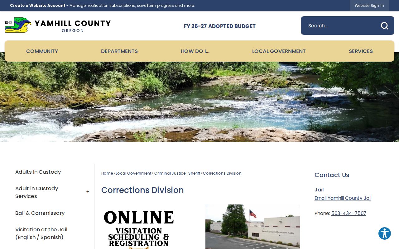 Yamhill County Corrections Division jail records contact page