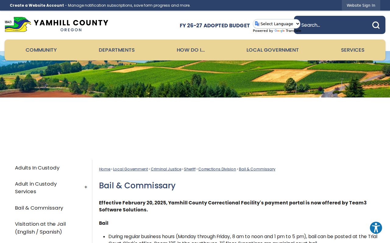 Yamhill County jail bail and commissary payment instructions