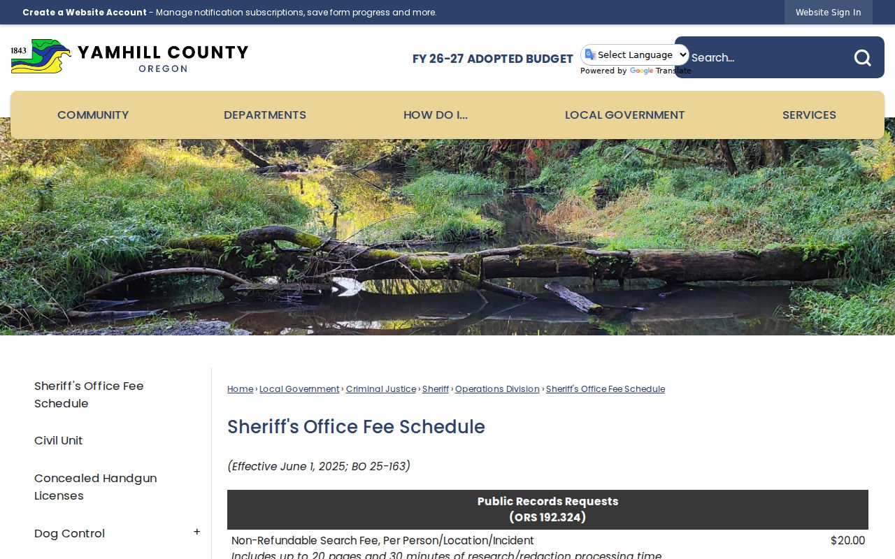 Yamhill County Sheriff records fee schedule