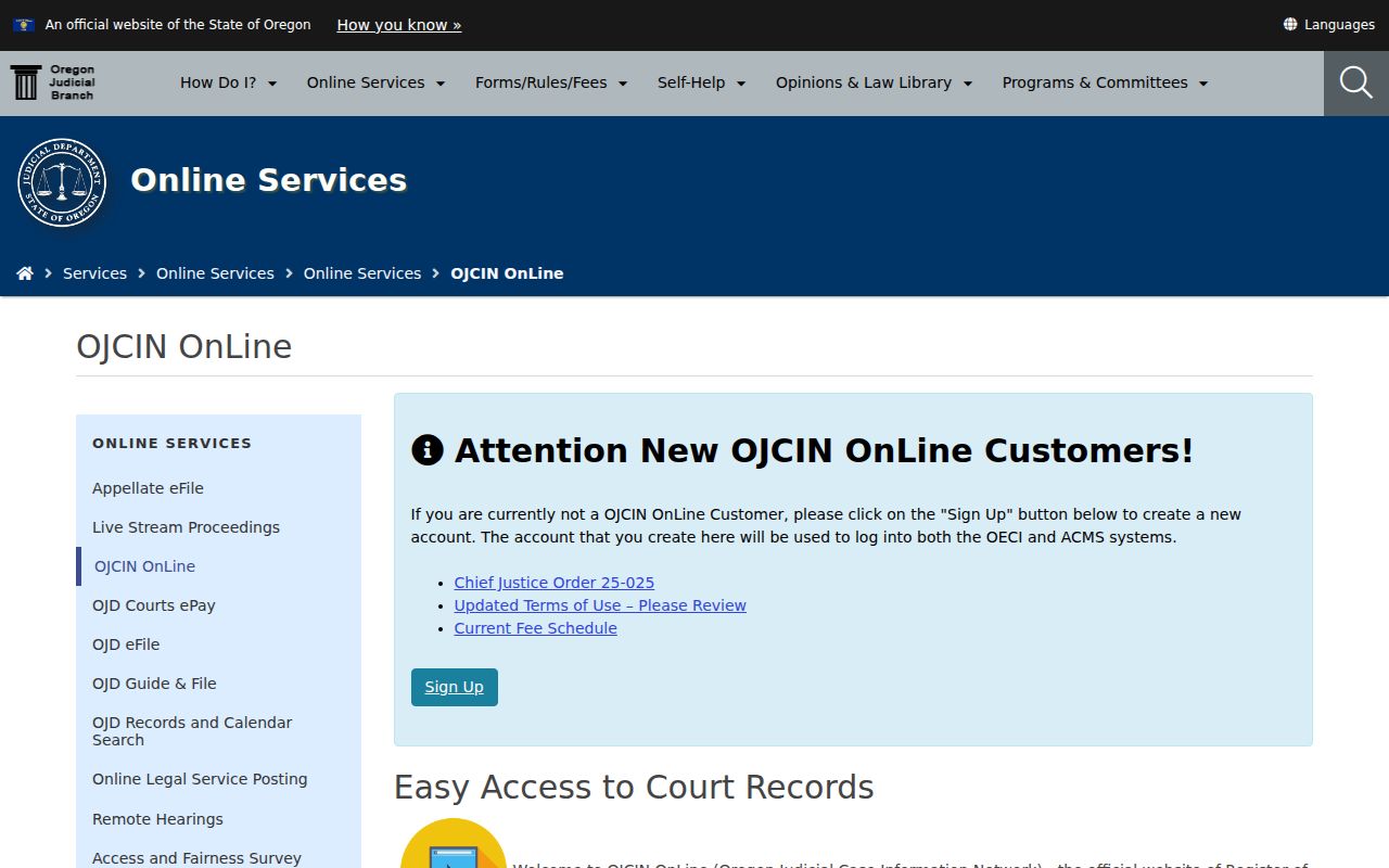 OJCIN OnLine access page for Yamhill County court records