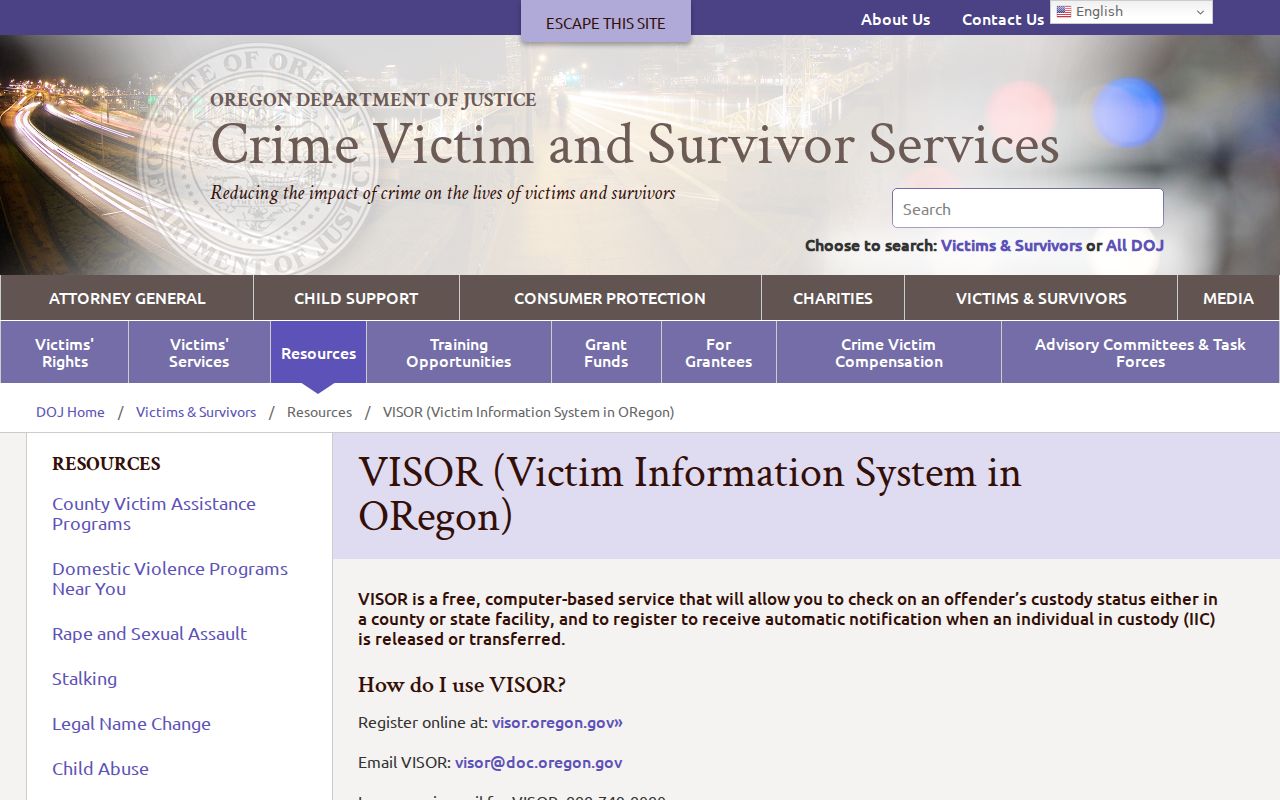 Oregon VISOR custody and supervision notification information