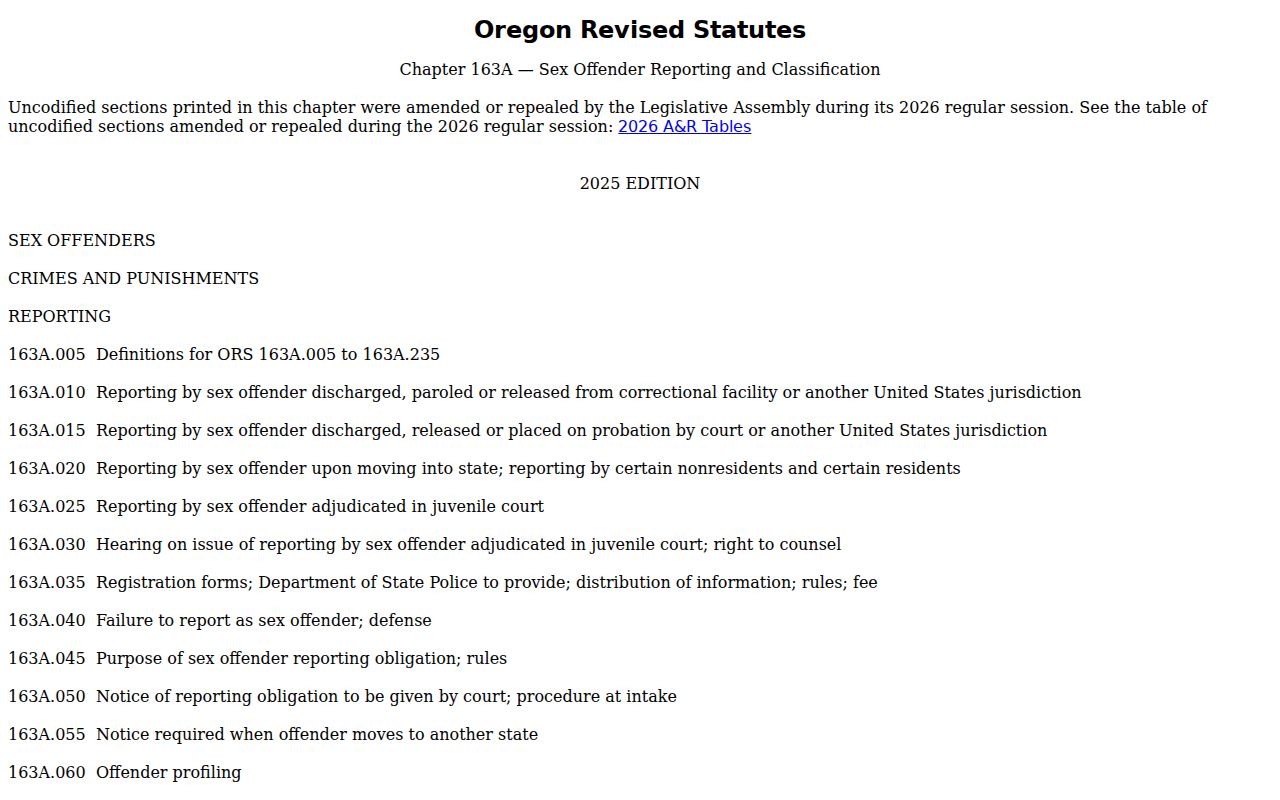 Oregon sex offender registration statutes in ORS chapter 163A