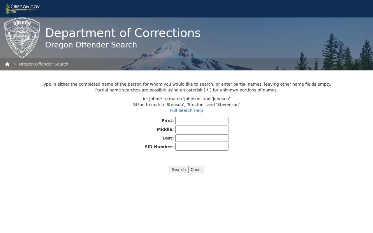 Oregon Department of Corrections Offender Search criteria